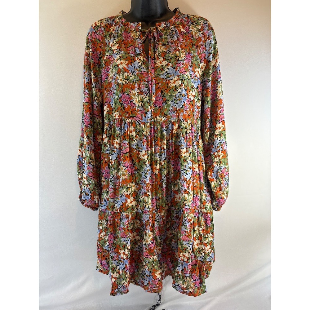 Jodifl Floral Tiered Midi Dress Boho Long Sleeve Tie Neck Size S